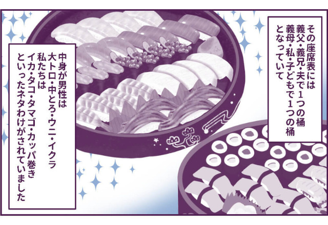 義実家でお寿司を頂くことに！ワクワクしていたが…⇒『座席表があるから』義実家の【独自ルール】に耐え切れなくなる！？
