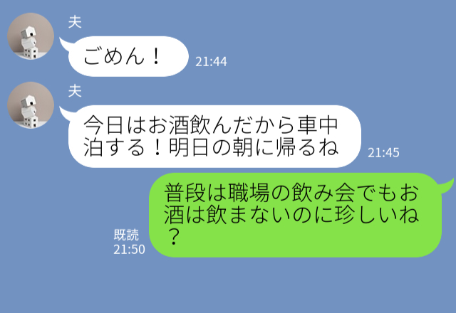 夫からの連絡に違和感「普段飲まない夫がお酒を…？」車中泊で朝帰りするが『カーナビの履歴』で妻は夫の“秘密”を確信する…！